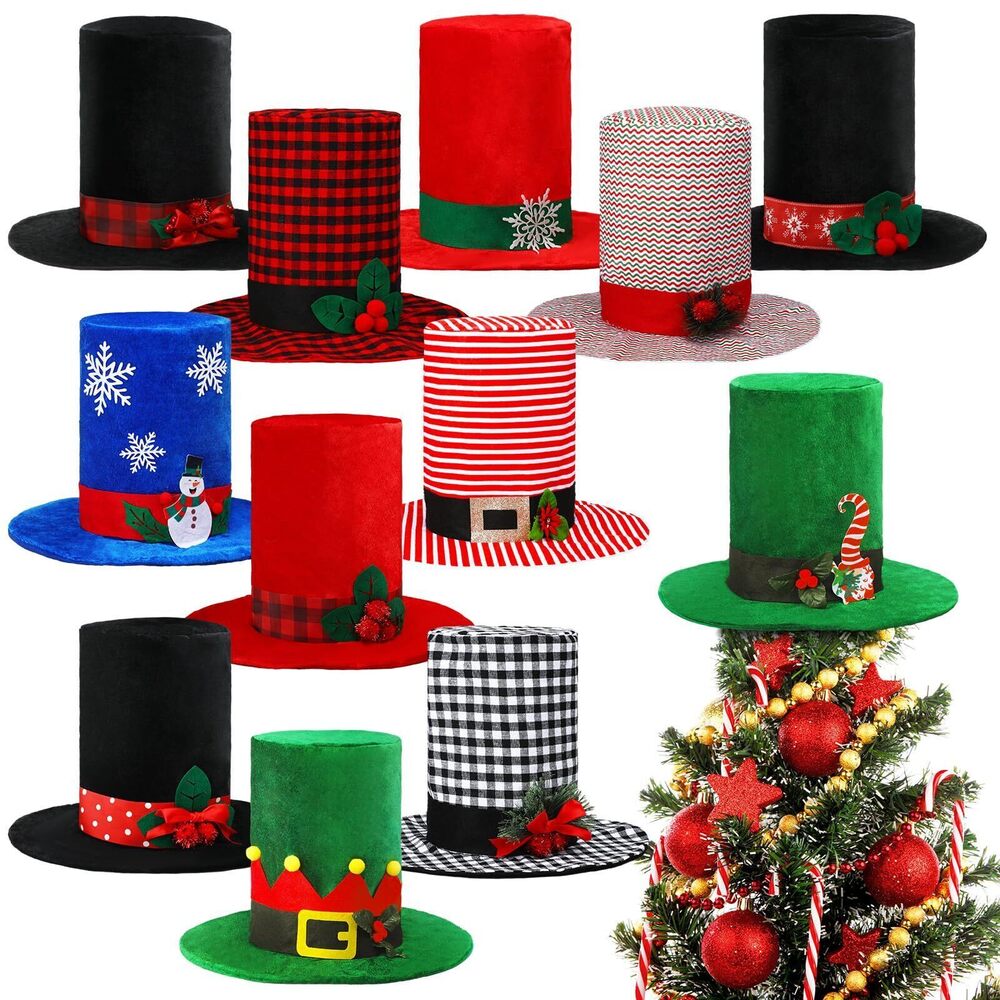 7006 12 Pcs Christmas Top Hat Snowman Topper Bulk Vintage Holiday Tree